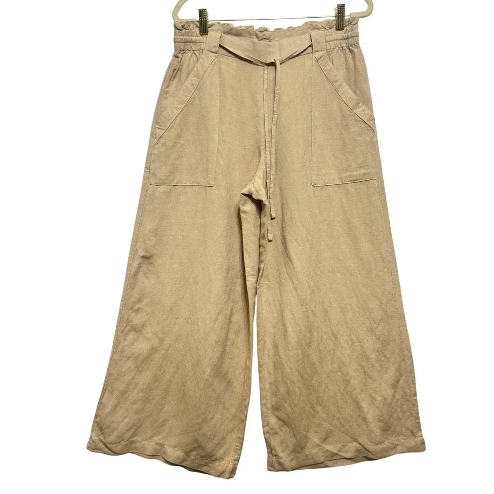 LOFT Wide Leg Linen‎ Blend Pants Womens M Tan NWT Paperbag Waist Pockets
